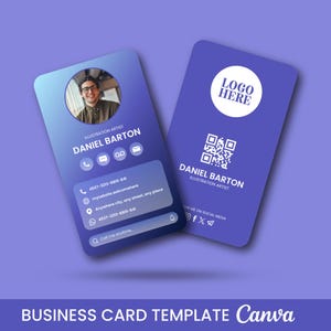 May include: Two business cards with a gradient blue background. One card features a photo of a man, contact info, and social media icons. The other card has a logo placeholder and a QR code. Text on the cards reads "DANIEL BARTON, ILLUSTRATION ARTIST."
