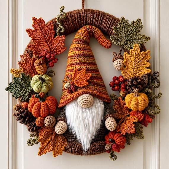 Autumn Gnome Wreath Crochet Pattern, Fall Door Decor PDF, Harvest Maple Leaf Wreath, Thanksgiving Crochet Pattern