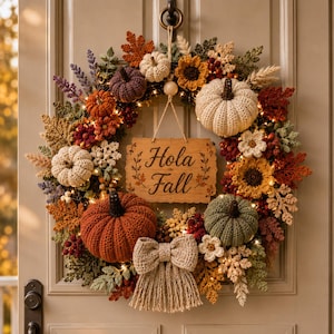 Mönster för virkad pumpakrans i PDF-format | Dörrdekorationer till hösten | Höstkrans i lantlig stil | DIY-virkning till Thanksgiving