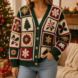 Op de afbeelding: Een vest met V-hals gemaakt van gehaakte granny squares in rood, groen en crème. De vierkanten bevatten kerstmotieven zoals peperkoekmannetjes, kerstbomen, sneeuwvlokken, pepermuntjes en hulstbessen, afgewerkt met goudkleurige knopen.