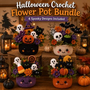 May include: Four crochet flower pots featuring Halloween themes including ghosts, pumpkins, black cats, skulls, bats, and candy corn. Each pot has a smiling face and is decorated with colorful yarn flowers and foliage in a festive arrangement.