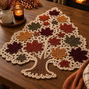 May include: A cream-colored crocheted table runner shaped like a tree, featuring a brown trunk and numerous attached maple leaves in shades of burgundy, rust orange, mustard yellow, and olive green, with an intricate openwork lace border.