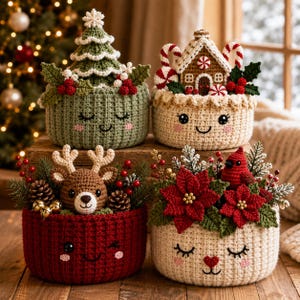 May include: Four round crocheted baskets with embroidered faces, each featuring festive holiday decorations: a green tree, a gingerbread house, a brown reindeer with pinecones, and red poinsettia flowers with a cardinal bird on top.