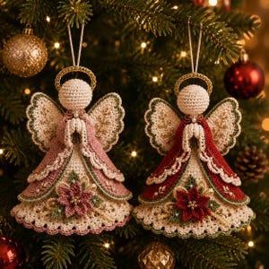 Op de afbeelding: Twee gehaakte engelornamenten hangend aan een boom. De ene engel heeft een oudroze jurk, de andere een donkerrode jurk. Beide hebben crèmekleurige vleugels met gouden borduursels, een gouden halo en een kerstster-detail op de rok.