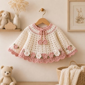 May include: A cream-colored crochet poncho featuring a scalloped pink border, a round neckline with a tie closure, and decorative floral appliques with pearl centers. The garment is displayed on a wooden hanger against a neutral wall.