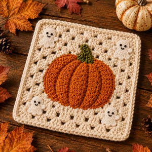 Crochet Pumpkin Ghost Granny Square Pattern | Fall Halloween Coaster (PDF Download)