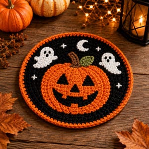 May include: A round crochet coaster featuring a black background with a central orange jack-o'-lantern, two white ghosts, a white crescent moon, and small white cross-stitch stars, all bordered by a vibrant orange crocheted edge.
