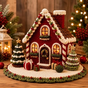 May include: A crocheted gingerbread house with a dark red facade, brown roof, and white trim. It features a central door with a wreath, arched windows, and a chimney. The house sits on a round white mat with two small crocheted Christmas trees and gifts.