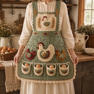 May include: A sage green crochet apron featuring a cream-colored bib and skirt with intricate floral and chicken motifs. The apron includes four small pockets along the bottom edge, each containing a single brown egg, and a scalloped cream border.