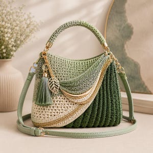 Peut inclure: Un sac à main en crochet dans des tons de vert sauge et vert forêt avec une section crème. Il présente une poignée supérieure, une bandoulière amovible, une breloque feuille en métal doré et un pompon vert assorti sur une chaîne dorée.