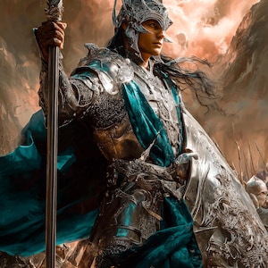 Puede incluir: Pintura digital detallada de un guerrero con armadura plateada ornamentada, sosteniendo una lanza. El guerrero lleva un casco y una capa turquesa. El fondo presenta un cielo dramático y una escena de batalla, evocando un tema de fantasía.