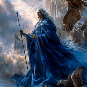 Puede incluir: Pintura digital de una figura regia con túnicas azules fluidas, sosteniendo un báculo y usando una corona. La figura está rodeada de nubes y águilas, con un castillo al fondo. La obra de arte tiene un tema de fantasía.