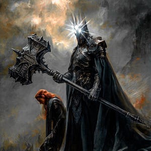 Puede incluir: Una pintura digital representa una figura oscura con una armadura ornamentada que sostiene un gran martillo con púas. La figura tiene una corona brillante y está de pie sobre una persona con cabello rojo. El fondo presenta un cielo nublado y un castillo distante.