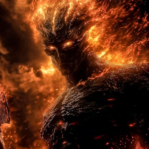 May include: A digital illustration of a fiery, humanoid figure. The figure is predominantly dark, with a textured, rocky appearance. Flames erupt from the head and shoulders, and the eyes glow with an intense orange light. The background is a fiery, blurred landscape.