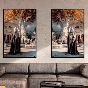 May include: Two framed art prints depicting a medieval knight in full armor, holding a spear, standing in front of a large tree and a classical building. The artwork features a color palette of black, gold, and shades of brown and white.