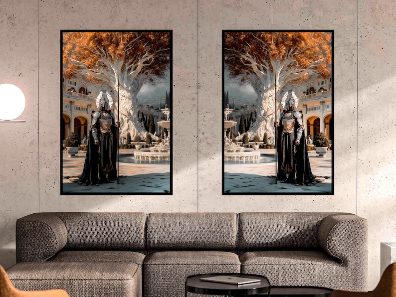 May include: Two framed art prints depicting a medieval knight in full armor, holding a spear, standing in front of a large tree and a classical building. The artwork features a color palette of black, gold, and shades of brown and white.