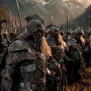Puede incluir: Imagen detallada de un ejército medieval con armadura completa, de pie en un campo con montañas al fondo. Los soldados llevan cascos ornamentados y portan lanzas y hachas. La escena está ambientada en un paisaje montañoso.
