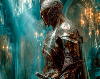 Golden Woods Sentinel Art, Elven Warrior Armor Print, Golden Forest Guardian Poster, Epic High Fantasy Soldier Decor,4K Digital Download Art