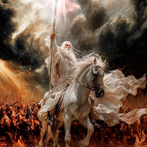 The White Rider Art, Celestial Wizard on Stallion Print, Resurrected Sage Poster, Epic High Fantasy Light Warrior Wall Decor, 4K Download