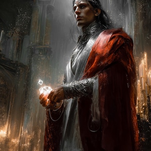 Puede incluir: Pintura digital de una persona en un entorno medieval. La persona lleva una túnica plateada y blanca con una capa roja. Sostiene un objeto brillante. El fondo presenta detalles arquitectónicos y luz de velas.