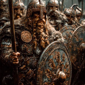 May include: An artistic depiction of a Viking army, showcasing warriors in ornate helmets and armor. They are holding shields and spears, with axes visible in the background. The color palette is dominated by bronze, brown, and blue tones, creating a dramatic and historical feel.