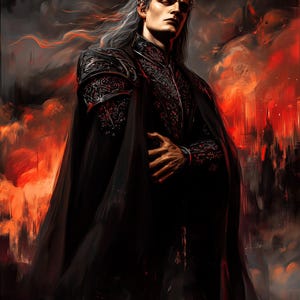 Puede incluir: Ilustración digital de una figura vestida de oscuro, sobre un fondo de fuego apocalíptico. La figura, de piel pálida y cabello plateado, lleva una armadura ornamentada y una capa fluida. Tema de fantasía o gótico.