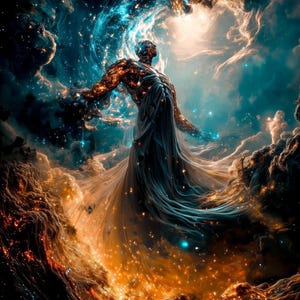 May include: Digital art depicting a figure with a starry body and outstretched arms, emerging from a nebula of blues, oranges, and golds. The artwork evokes a sense of cosmic grandeur and spiritual awakening, with a flowing, draped garment.