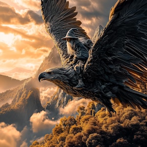 May include: A digital illustration depicts a wizard riding a giant eagle in flight. The eagle's dark feathers contrast with the golden sunset and mountain backdrop. The wizard wears a gray robe and hat, with a long white beard. The scene evokes fantasy and adventure.