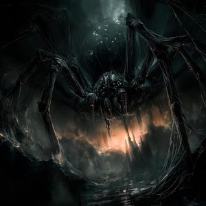 Puede incluir: Ilustración digital de una gran araña amenazante con largas y delgadas patas y un cuerpo bulboso. La araña se encuentra sobre un cielo oscuro y tormentoso con un resplandor naranja ardiente en el fondo, creando una escena dramática y ominosa.