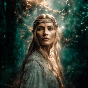 Puede incluir: Retrato de una mujer con largo cabello rubio, orejas puntiagudas y ojos azules, que lleva una diadema plateada y un vestido blanco fluido. El fondo es una escena borrosa de un bosque con luz moteada, creando una atmósfera mística.