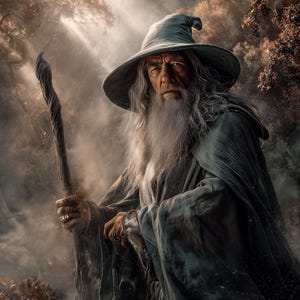 Puede incluir: Ilustración digital de un mago con una larga barba blanca, que lleva un sombrero y una túnica azules, sosteniendo un bastón de madera. El fondo presenta un bosque con luz solar que atraviesa los árboles, creando una atmósfera mística.