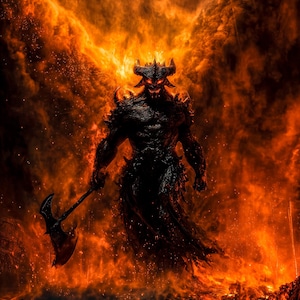 Puede incluir: Ilustración digital de una figura demoníaca con cuernos, sosteniendo un hacha, emergiendo de un fondo de fuego. La criatura es oscura, con ojos rojos brillantes, rodeada de llamas y humo.