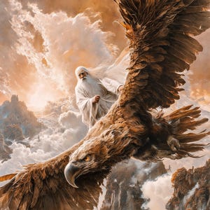 Puede incluir: Ilustración de un anciano sabio con larga barba blanca y túnicas blancas flotantes montado en un águila marrón. El águila vuela por un cielo nublado de tonos anaranjados sobre una cordillera.