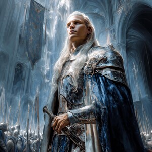 Puede incluir: Una representación artística de una figura con una armadura azul y plateada adornada, sosteniendo una espada. La figura tiene el pelo largo y blanco y está de pie en un gran salón con un techo alto. Una bandera azul cuelga en el fondo, y los soldados están en formación.