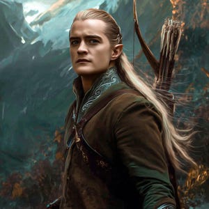 May include: Digital artwork of a person with long, blonde hair, dressed in a dark green and brown tunic with silver embellishments. The background shows a mountainous landscape. The person is holding a bow and quiver.