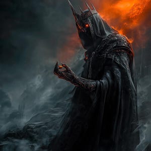 Puede incluir: Ilustración digital de una figura oscura con capa y corona, sosteniendo un objeto brillante. La figura tiene ojos rojos y un fondo de fuego y humo, evocando un tema de fantasía.