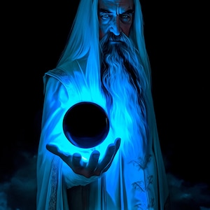 Può includere: Illustrazione digitale di un mago con lunga barba e capelli bianchi, che indossa una veste bianca. Il mago tiene in mano un globo nero luminoso, circondato da un'aura blu su sfondo scuro.