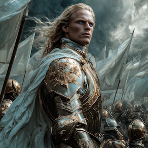 May include: A detailed image of a person in ornate silver and gold armor, with a white cape and flowing blonde hair. The person has striking blue eyes and stands before a crowd of soldiers and white flags under a dramatic, cloudy sky.
