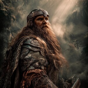 May include: A detailed image of a Viking warrior with a long, reddish-brown beard and hair. He wears ornate armor and a helmet, holding an axe. The background is a misty forest with sunlight filtering through the trees.