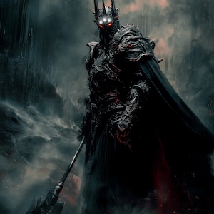 Puede incluir: Ilustración digital de una figura oscura e imponente con armadura negra, sosteniendo un arma grande. La figura tiene ojos rojos brillantes y una corona. El fondo es un paisaje tormentoso y ominoso con nubes oscuras y un resplandor rojo.