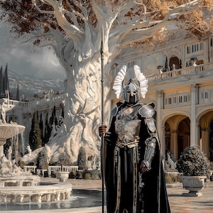 May include: A figure in ornate armor and a black cloak stands holding a spear in a classical courtyard. The armor is silver and gold, with a helmet featuring white feathered accents. A large tree with golden leaves dominates the background.