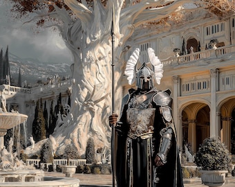 Winged Helmet Guard Art, Citadel Fountain Sentinel Print, Knight of the White City Poster, Epic Fantasy Soldier Wall Decor, 4K Download