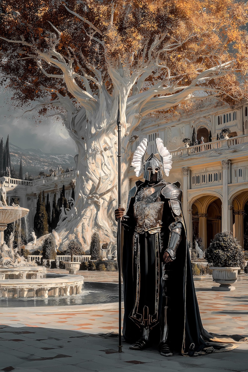 May include: A figure in ornate armor and a black cloak stands holding a spear in a classical courtyard. The armor is silver and gold, with a helmet featuring white feathered accents. A large tree with golden leaves dominates the background.