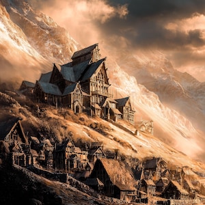 Golden Hall Citadel Art, Horse-Lords Capital Print,Hilltop Kingdom Landscape Poster,Epic High Fantasy Architecture Wall Decor,4K Digital Art