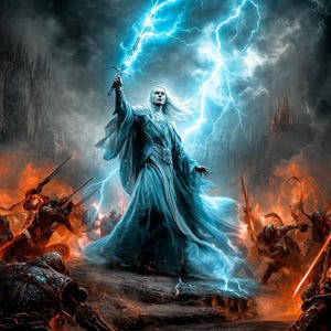 Puede incluir: Ilustración fantástica de una figura con un vestido azul ondeante sosteniendo una espada brillante, con relámpagos a su alrededor. La escena incluye un cielo oscuro y tormentoso y figuras con espadas en un paisaje de fuego.