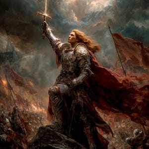 Puede incluir: Un guerrero con brillante armadura levanta una espada brillante hacia un cielo dramático y nublado. La figura está vestida con una detallada armadura plateada y una capa roja fluida, en medio de un campo de batalla con banderas rojas y un castillo distante.