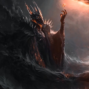 May include: Digital artwork depicting a dark figure with a horned helmet and ornate armor, emerging from turbulent waters. The figure holds a glowing ring, with a fiery sky in the background. The overall theme is fantasy and darkness.