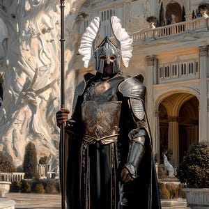 May include: A detailed image of a knight in full armor, holding a spear. The armor is silver and gold, with intricate designs. The knight wears a helmet with white feathered accents. The background features a large white structure and lush greenery.