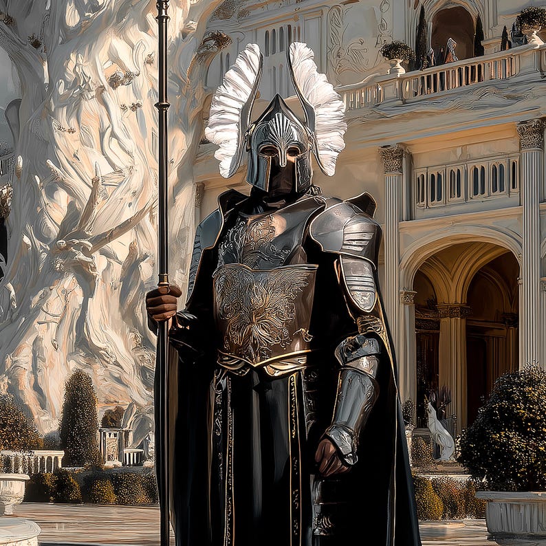 May include: A detailed image of a knight in full armor, holding a spear. The armor is silver and gold, with intricate designs. The knight wears a helmet with white feathered accents. The background features a large white structure and lush greenery.