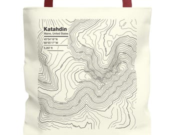 Katahdin Bag Topographic Map Illustration Appalachian Trail Thru Hiker Humor Tote Bag | Quote Print Tote Mountain Gift